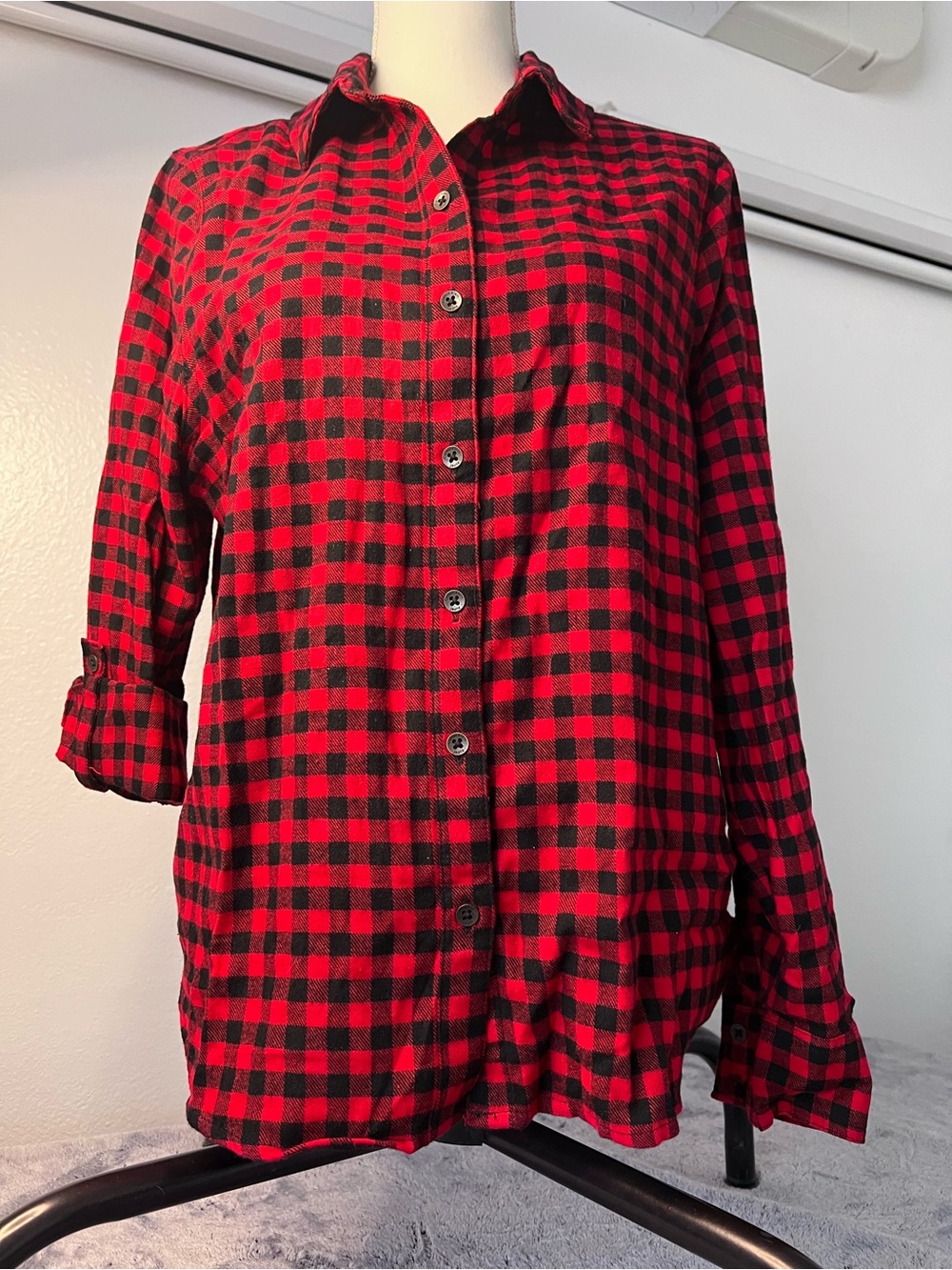 Calvin Klein Jeans Red Black Buffalo Plaid Button Front Flannel Shirt Size L